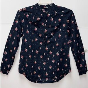Bossini Navy Floral Polka Dot Blouse Size L Preppy Cottage Prairie Office Casual